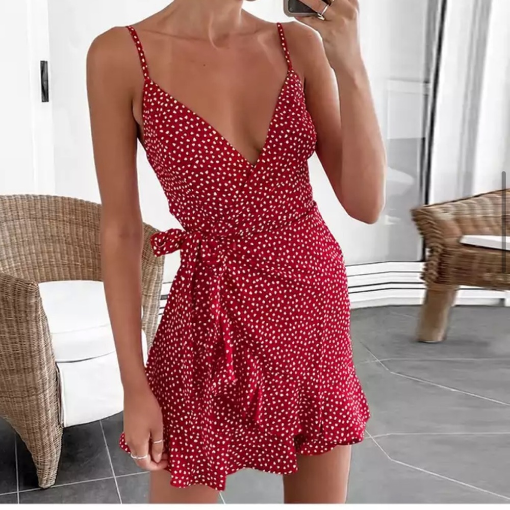 NEW Wrap dress polka dot ruffle bottoms red mini L; XL womens